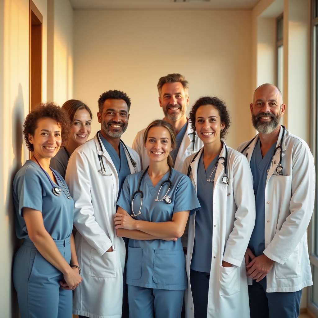 Group portrait of the clinic's medical and reception team standing together in the hallway