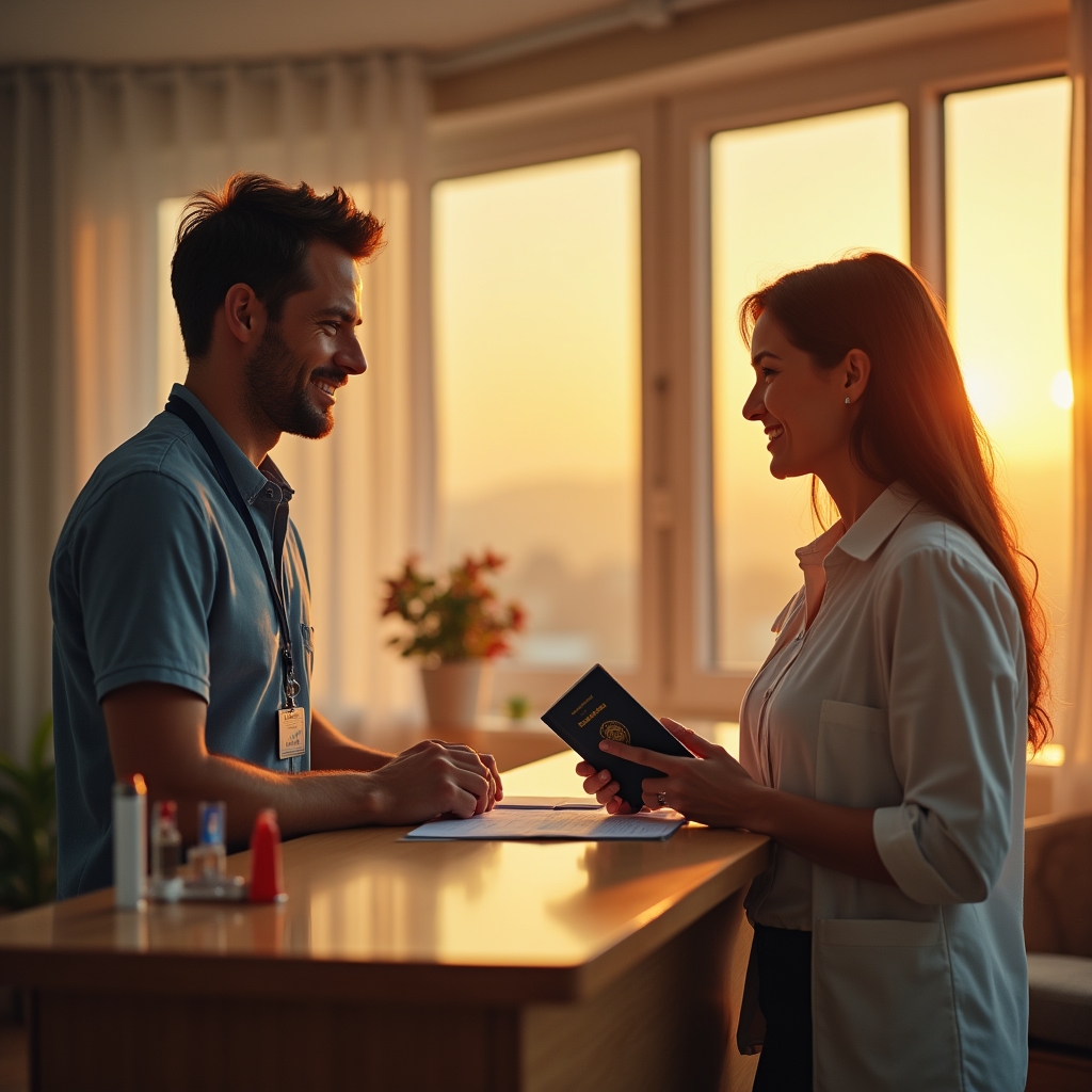 Multilingual receptionist assisting an international patient with registration paperwork